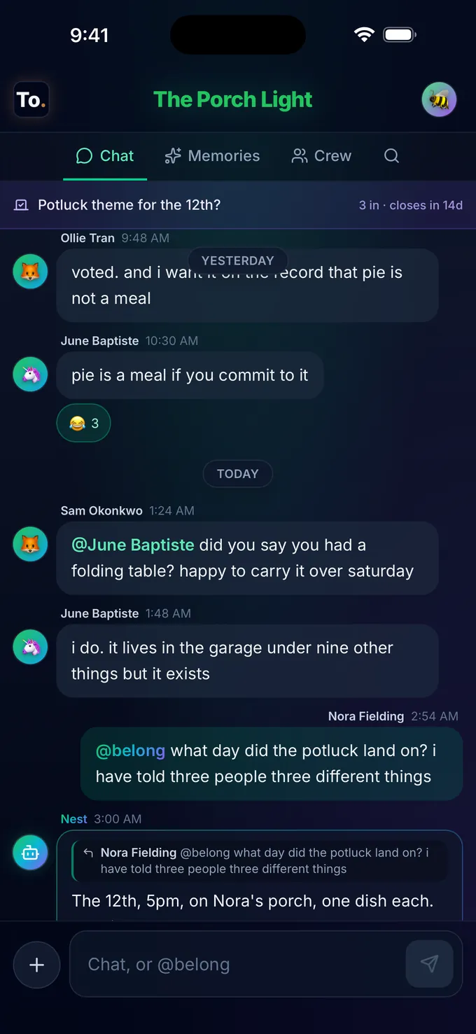 The BelongTo chat for a community called The Porch Light: a topic strip across the top, messages between members, and Nest answering a question inline.