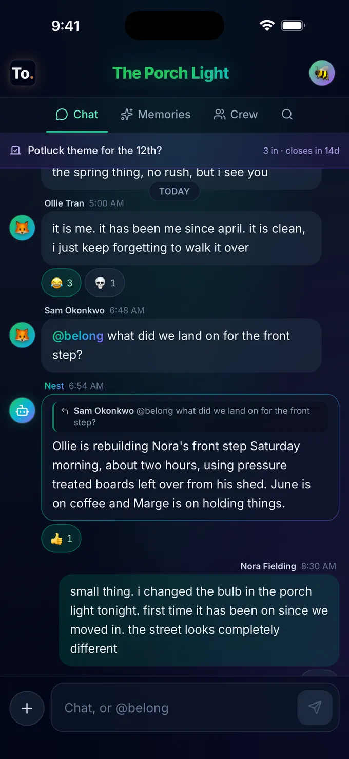 A member types '@belong what did we land on for the front step?' and Nest replies with the answer drawn from earlier messages in the room.