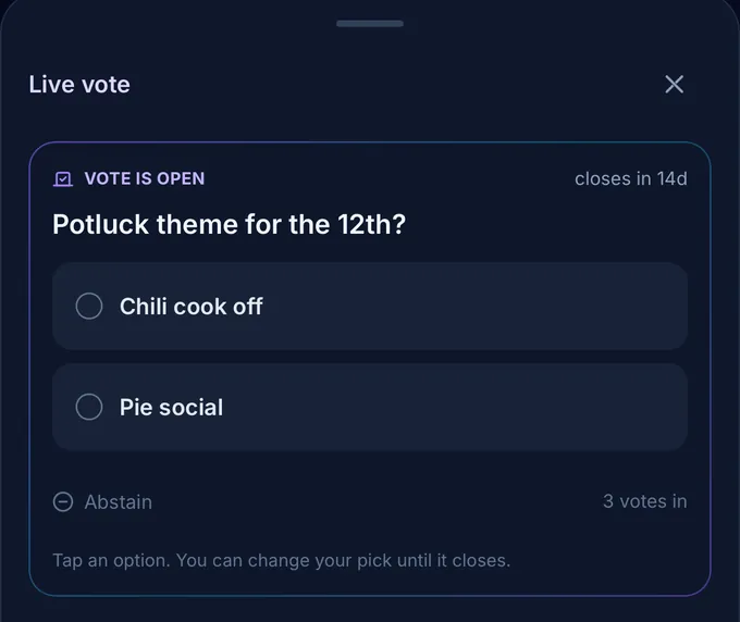 An open BelongTo vote titled 'Potluck theme for the 12th' with two options, an abstain row, and a note that you can change your pick until it closes.