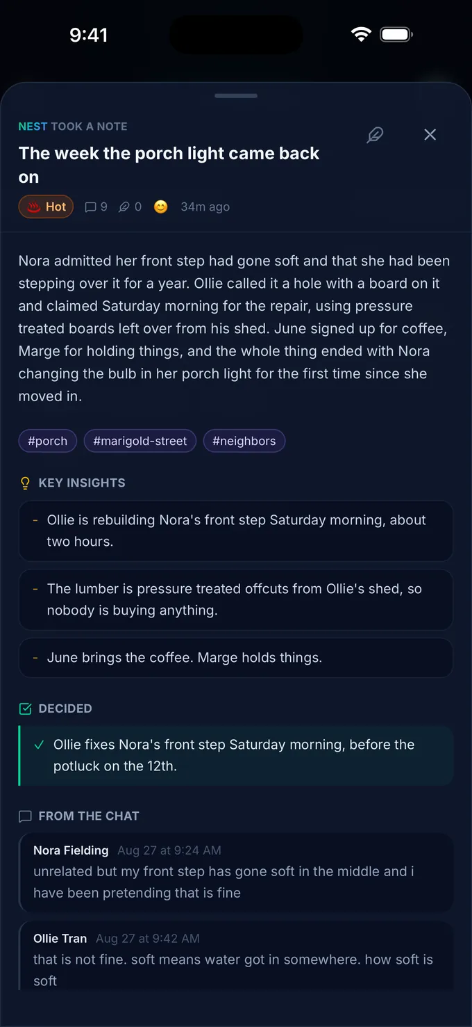 A BelongTo Memory titled 'The week the porch light came back on', with a summary, key insights, a decision, and the messages it came from.
