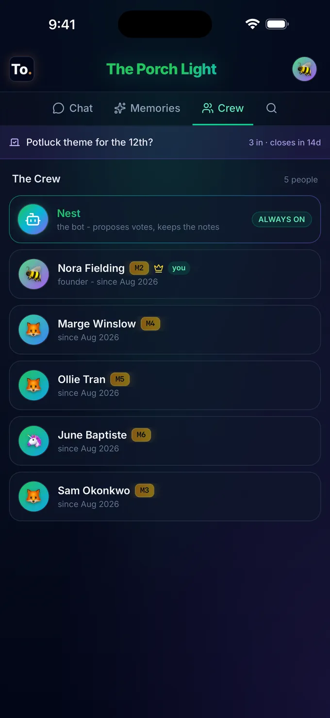 The Crew roster of a BelongTo community, listing every member and the date each of them joined.