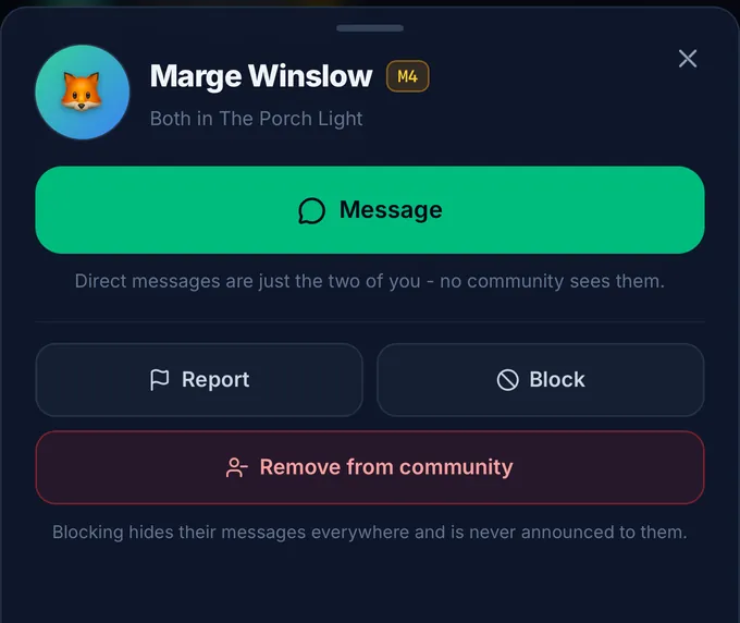 A BelongTo member card offering Message, Report, Block, and Remove from community, with a note that blocking is never announced.